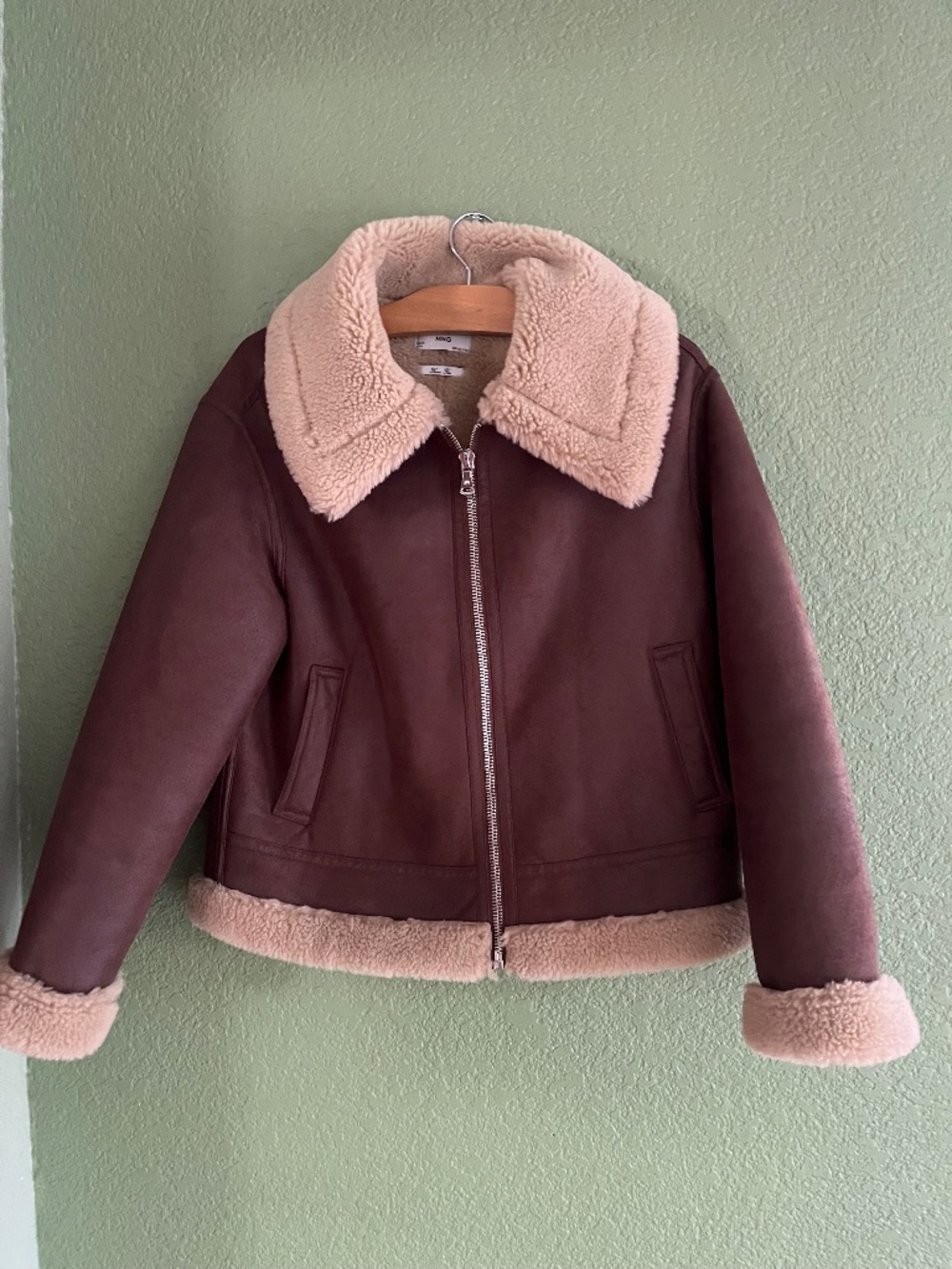 MANGO Faux Fur Brown Leather Jacket.